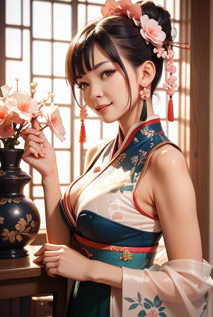 ((highest quality, 8K, Tabletop: 1.3)), concentrated: 1.2, Wearing a Chinese dress, Small Flower Print, Exposed breasts, Cleavage, Split ends, Full body photo, Long legs, Overall view, Cafe Wall, Highly detailed face and skin texture, Fine grain, double eyelid, Whitened skin, Long Ponytail