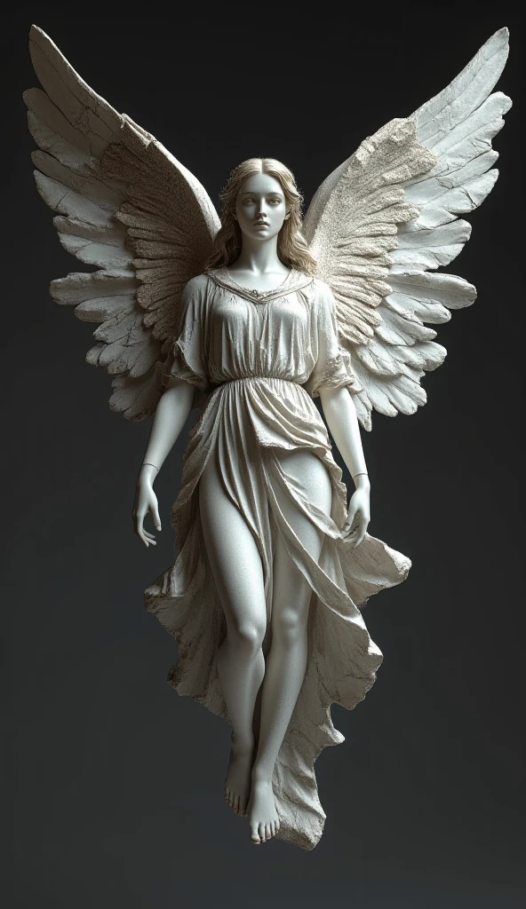 Winged female figure, the body is slender and thin, with legs stretched out together as if jumping into flight, At the waist there is a kind of skirt that is close to the body., the torso is half uncovered, Only the breasts are covered by a cloth stuck to the skin, They are not big but not small either, Being a thin and slender body, the ribs are naturally noticeable when stretched out., The arms are stretched upwards and the hands are open but in a position as if they were holding a sphere., The woman's head is back, that is, looking up., You can't see much of her hair but I imagine it's long and somewhere between straight and wavy., And finally the figure has gigantic wings spread symmetrically upwards., Its size is almost twice the height of the woman's body with her arms stretched upwards., It is noticeable that the wings start from the back and are similar to those of birds., The feathers are up to almost half of medium size and then they are large in size, however the tips of these feathers are not straight so to speak., but are bent as if preparing to propel themselves into flight., are slightly bent.
