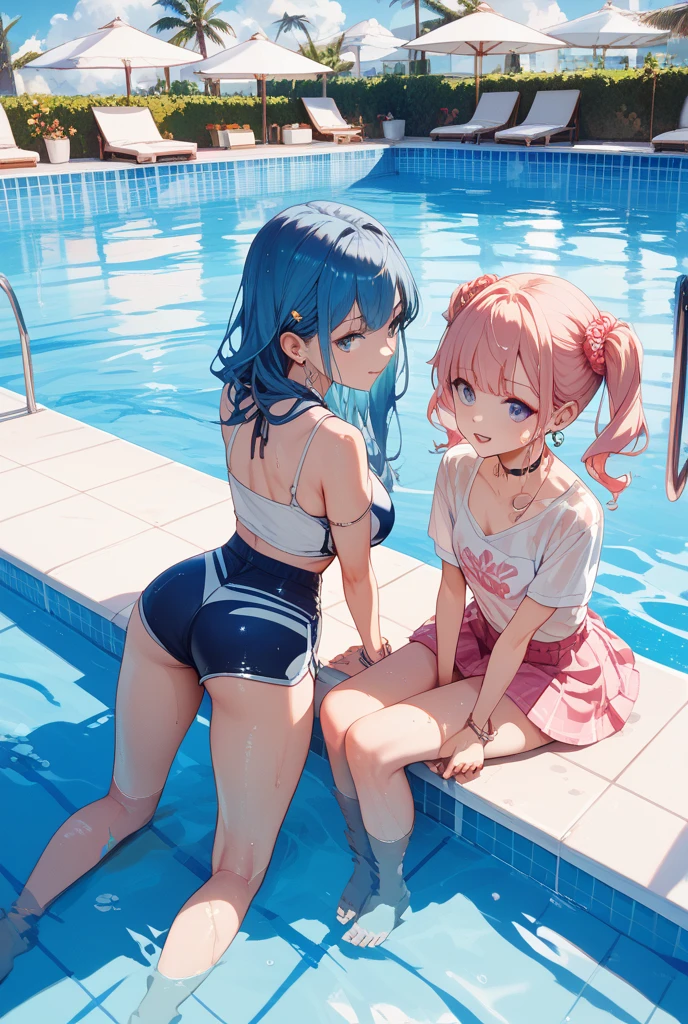 masutepiece,hyper quality, Hyper-detailing,Perfect drawing,nffsw,3D,8K,illustratio、Hi-Res、(((Two beautiful girls)))、(The bikini）、(tank top bikini)、Light blue hair、Pink hair、(Sitting on the breakwater)、Close your eyes、((French Kissing))、Horizon、shores、Back lighting、Sparkling water surface、beatiful backgrounds、Accurate drawing、Detailed drawing