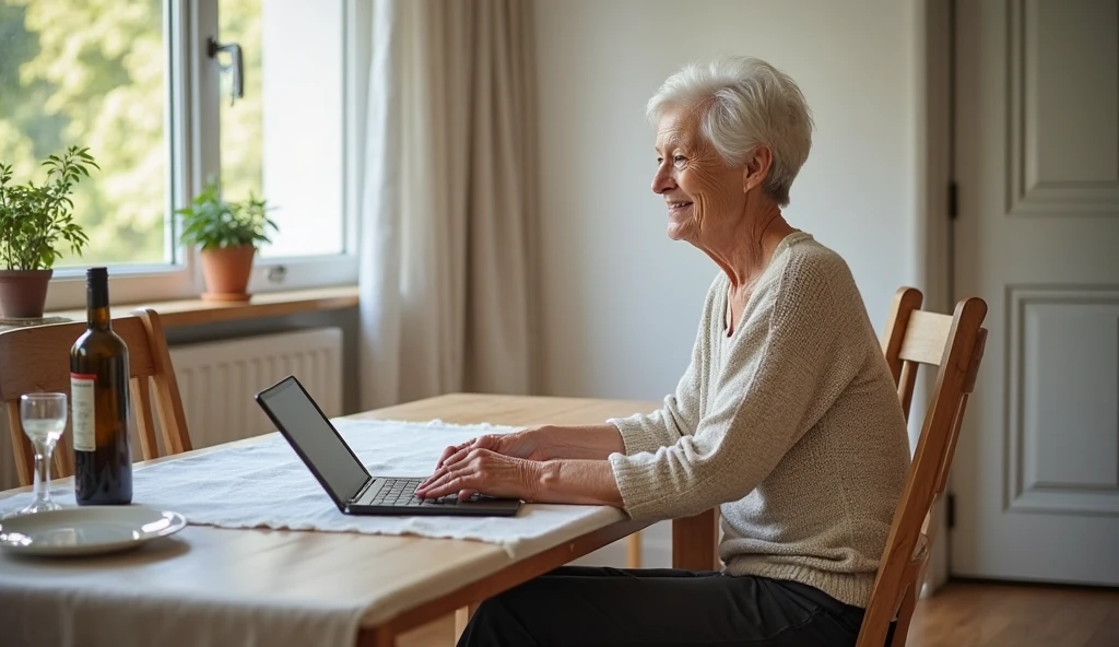 Julie, 60 year old, caucasian, looking at notebook, at home, smiling