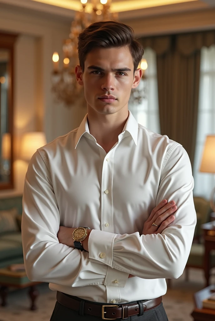 Create an image of Alexander Darcy at a fancy event. He is a tall, handsome man with a lean, muscular build, standing at 6'2". He has deep-set, piercing blue eyes, Blonde hair styled neatly, and a chiseled face with high cheekbones and a strong jawline. Alexander is wearing a perfectly tailored navy suit with a crisp white dress shirt and a silk tie. He has a minimalist luxury watch on his wrist and subtle but elegant cufflinks. The event setting is upscale and sophisticated, with chandeliers, elegant decor, and other well-dressed attendees.