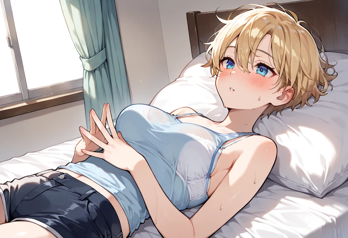 score_9, score_8_up, score_7_up, source_anime, solo, 1girl, berserk, farnese, blush, shy, looking at viewer, arms behind back, blonde hair, hair over one eye, blue eyes, yellow shirt, short sleeves, white gloves, sexy, humongous breasts, large breasts, boob window, hellsing, indoors, Boob window, breast eindow, rating:safe, on bed, laying in bed, top view, birds eye view