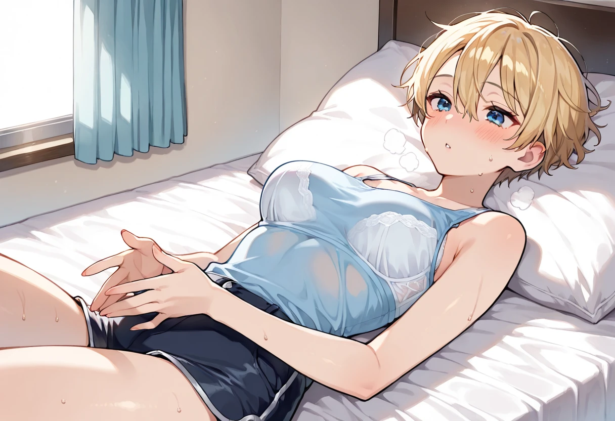 unparalleled masterpiece, 8k uhd, perfect artwork, mature woman, riza, blonde hair, brown eyes, hair up, photo, anime, (panties), white shirt, unbottoned shirt, no bra, cleavage, kneeling on bed