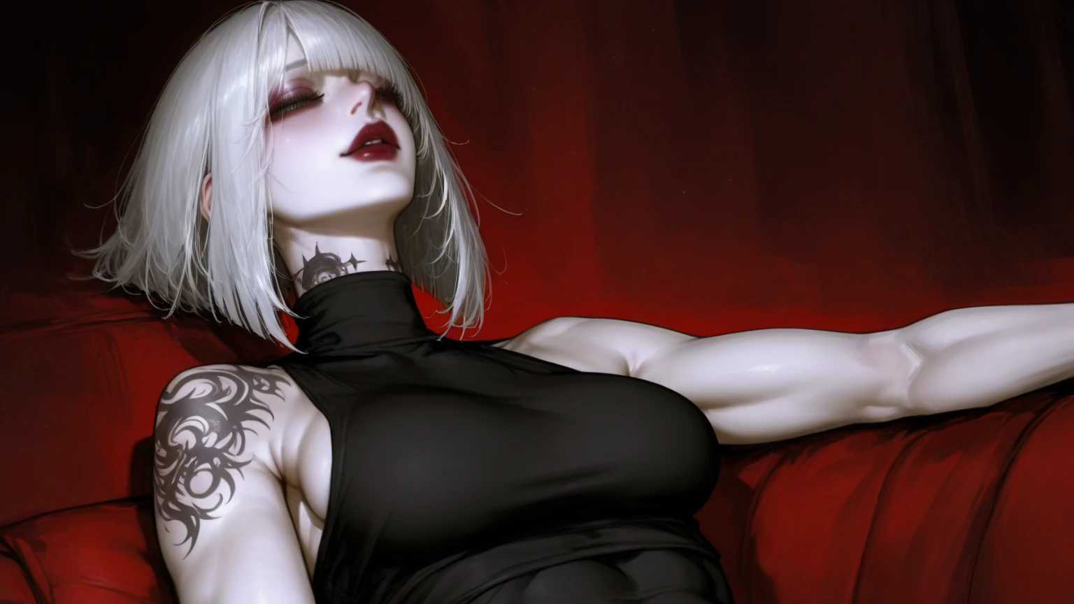 bs, solo, simple background, monochrome, upper body, greyscale, bodysuit, black background, 1other, monster, arms at sides, horror (theme) there is a large-breasted woman in the picture with her arms torn off and her face bleeding, ravens flying in the background, stocking, hot lingerie, big boobies, red paint splatted on it, white hair