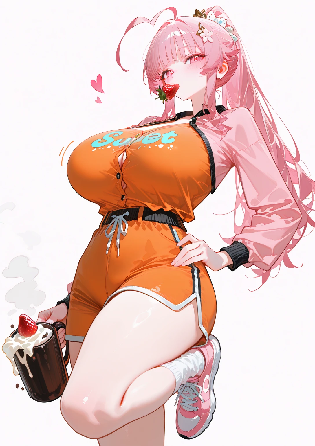 ((1 girls), solo, clevage, Big round breasts, trendy, stylish, clevage, thighs, hips, realistic, pink hair, blonde hair, light green eyes, lip gloss, detailed face, amazing big eyes, eye details, big lips, eyebrow details, blush, naughty, mischevious face, HD, good quality, kitchen, lolipop, licking lolipop, tongue, pink, bikini