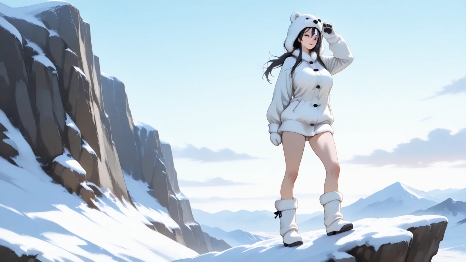 Cabin on a snowy mountain,Winters,Heavy snowfall,The edge of the cliff,(gigantic breasts:1.5),black pantyhoses,golden curly hair,nurse's outfit