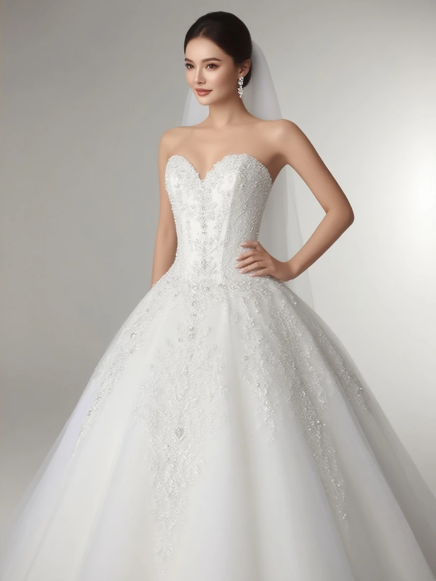 masterpiece:1.2, best quality), realistic, (real picture, intricate details, depth of field), (1girl, solo), make up, parted lips, highly-detailed, perfect face, (skindentation), thick thighs, wide hips, small waist, tall, glossy coral lips,, (A girl in a wedding dress with flowers in hands )), sexy, blushing, Mikasa from AOT