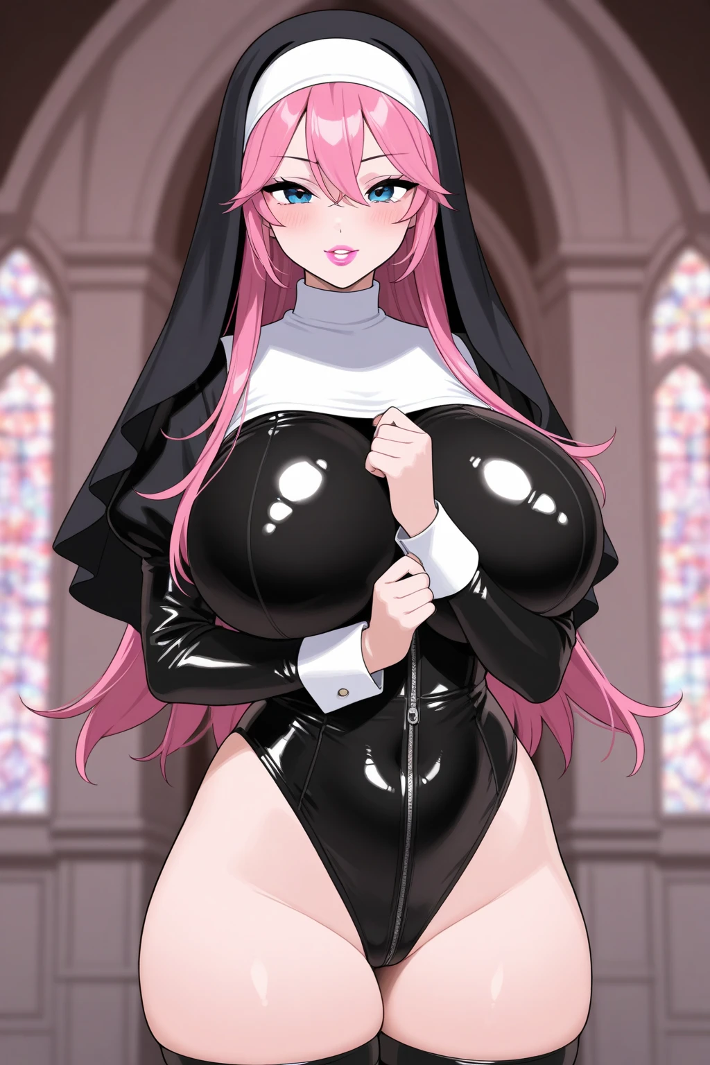 Gothic horror, psychological horror, occult. A dark and eerie room, reminiscent of medieval Gothic architecture. Walls of unknown material glow in the faint light. From every angle, thousands of jagged pyramidal spikes jut out like Devil's Claws clutching into the darkness. A bewitching and voluptuous MILF nun stands upright amid the twisted metal, hands clenched in a show of devotion to the occult, and the air is heavy with the smell of decay and incense. , The smile of a loving mother on her unparalleled beauty evokes religious solemnity and the pleasure of sharp sadism., ((nsfw, masterpiece, incredibly absurd resolution, absolutely resolution, ultra high resolution, Mature Female, MILF, professional, vivid colors, perfect anatomy, ideal facial features, ideally proportioned figure, perfectly beautiful body, super detailed skin, glossy skin, glistening skin, Glamor, soft and curvy, body conscious, collarbone, cleavage, saggy huge breasts, evil seductive smile)), straight-on, Core shadow, perspective, look up, looking down