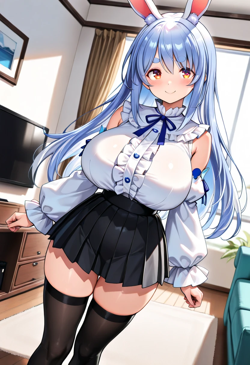 My name is Yukiko.I am a white test woman with long Sky blue hair,red eye color.I am 1.62 cm tall . Dressed in a short scientific gown and a black skirt with her hair up. With huge breasts measure 200 cm, waist 40 cm and my hips 200 cm