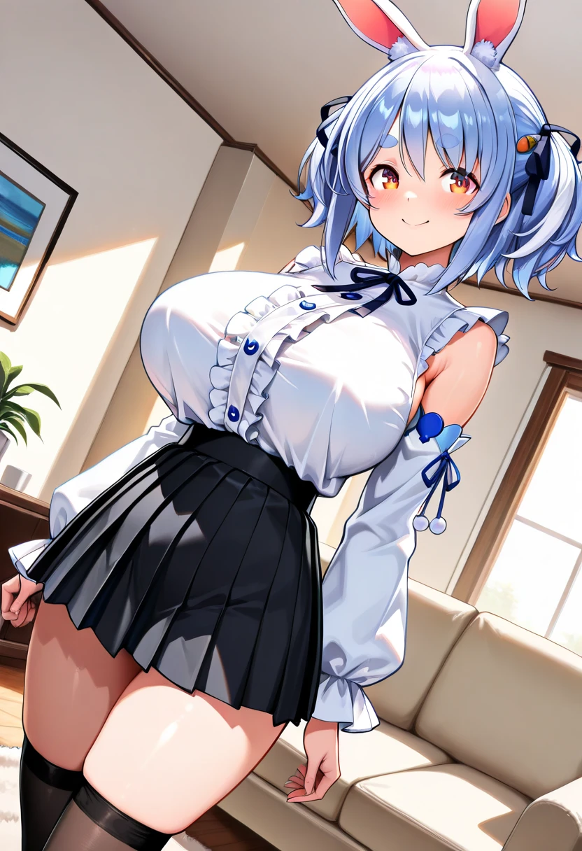 Main piece、high quality、High resolution、1 girl,single, Ruka Sarashina、jewelry、skirt、Maid uniform that exposes the breasts、Japan maid café、Woman with black hair、short hair、black hair、black pantyhose, Blue eyes, long sleeve, blue hair band, bangs, big full breast, cleavage, Medium waist, medium hips, wide thighs, Cowboy photos, smile, fascinating, embarrassing, blush、lots of people, looking at the viewer,from below、Low - Angle,very big breasts、cleavage、Well good、no panties、no panties、Very short skirt、nipple、Serve nipple、Milk spurts out of nipple、Milk drips from nipple、Exposing the breasts、Bare your breasts、Nipples、pussy、dildo