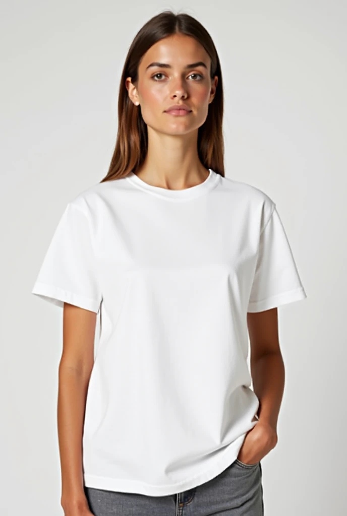 Woman standing with blonde hair tied back wearing White Relaxed T-Shirt | Bella + Canvas 6400. Neutral background,super realistic like a photography