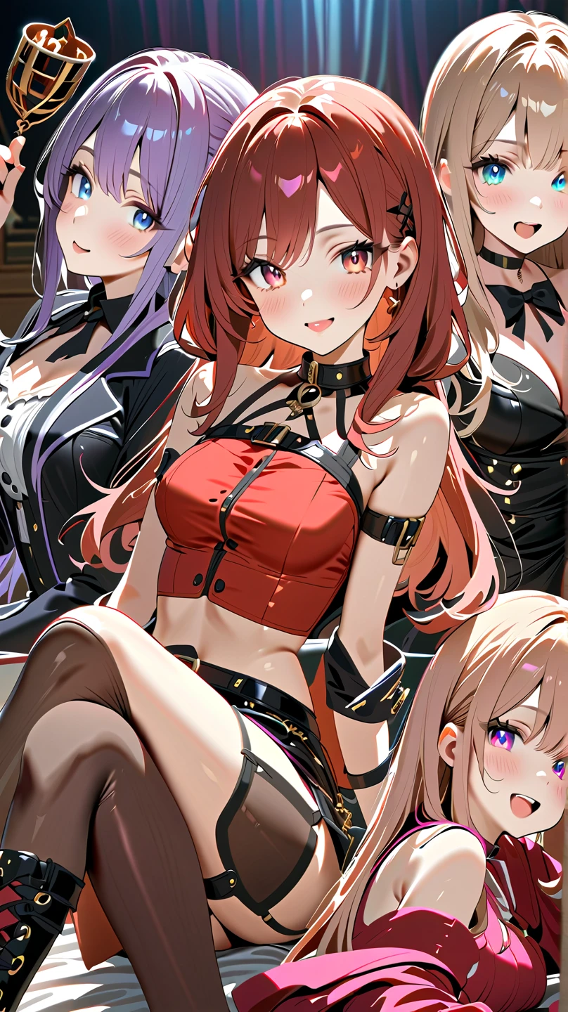 four sexy women looking at camera, flirtatious, opened mouths yawning, on bed, curly auburn hair, chokers and goth lingerie outfits, portrait