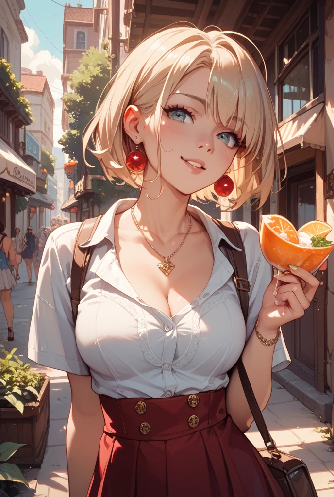 A bustling night market. Women are wearing casual clothes, Carry snacks, And her face is full of joy and satisfaction.