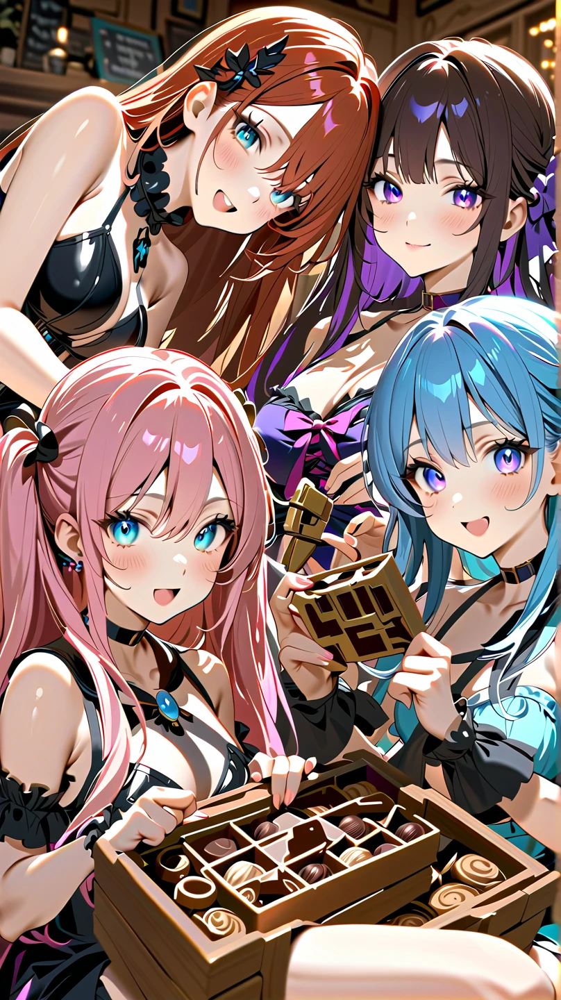 Group of 6 teen girls, all in magical girl outfits, all with different hair styles and colors