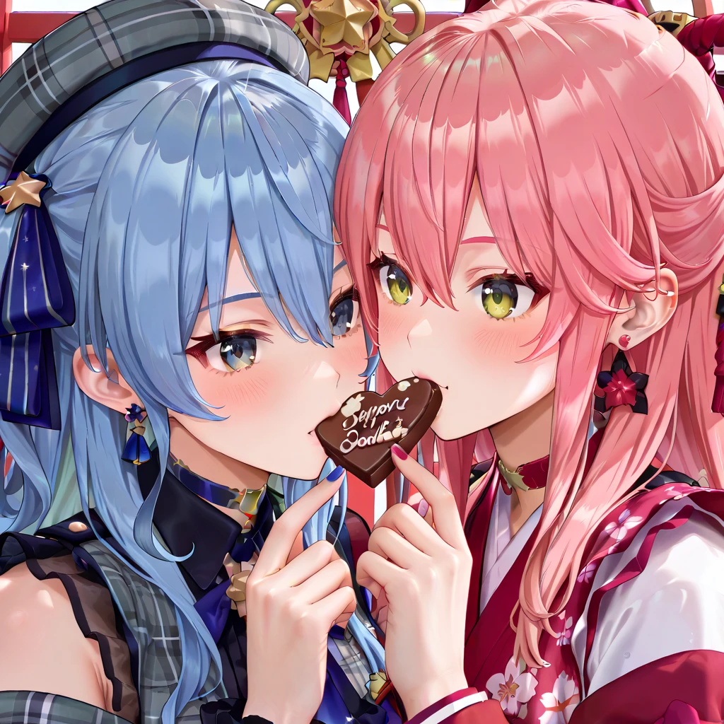 "Sakura Shrine Maiden" and "Hoshimachi Suisei" are eating chocolate together, 
two women