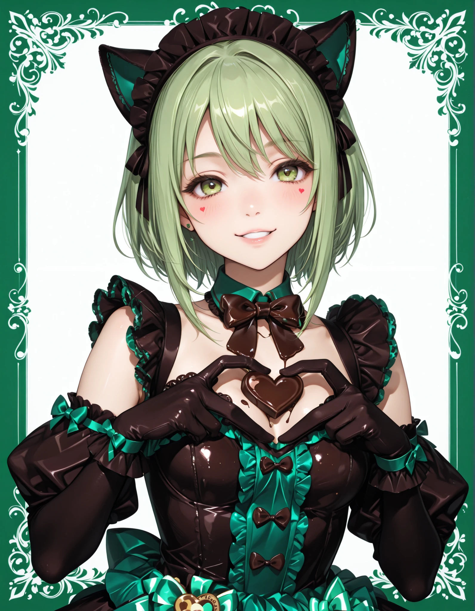 Cat Ear Maid,mini maid dress with chocolate mint color scheme, Lime Green Hair, chocolate bow tie,gloves with chocolate and lime green borders,Looking Here,tilt your neck slightly and smile,(((Show off heart-shaped chocolate to viewers)))
