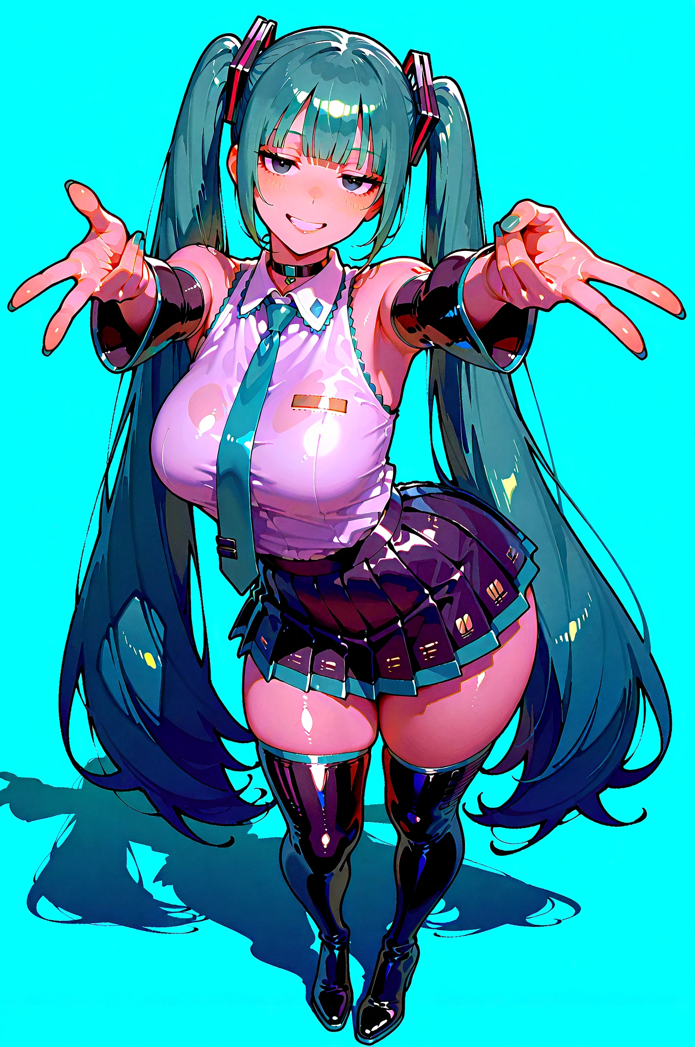 masterpiece, best quality, ultra-detailed, (perfect face, detailed face), 1girl, solo, volumetric lighting,(alice_(queen's_gate)),flat chest,red eyes,thighhighs,twintails,long hair,hair ornament,blue hair,(tanned skin),huge ass,smile,(spread legs wide:1),(arms behind head:1), Squatting,blushing,full body view,oiled skin, shiny skin,ultra glossy skin, strip_club_venue, moody background, dark background, spotlights on ceiling, on stage,