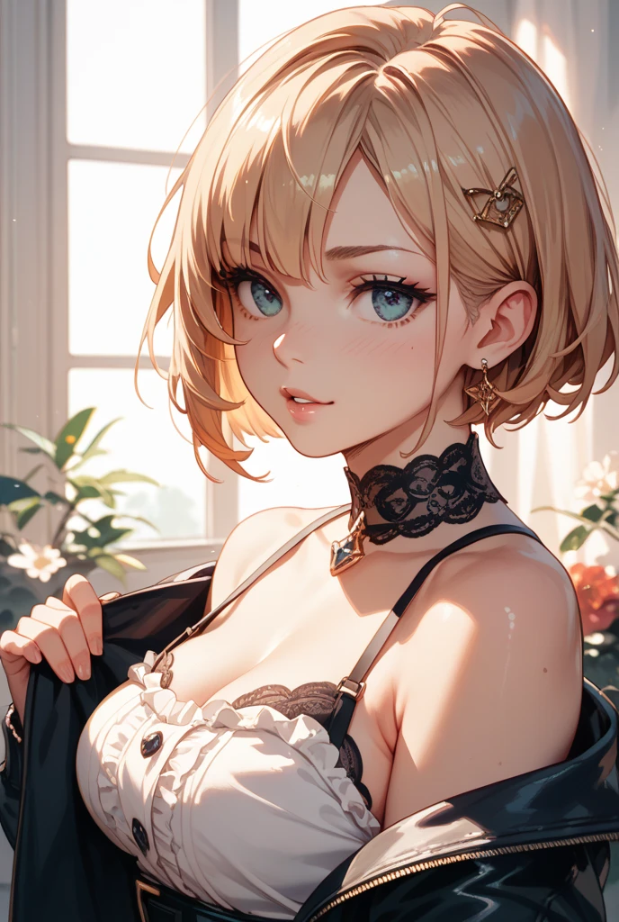masterpiece, absurdres, best quality, ultra detailed, high Resolution, detailed illustration, extremely beautiful detailed face and eyes, bright colour, 1girl, (), cute face, Delicate beautiful face, magenta eyes, cute eyes, sparkling eyes, big eyes, medium breasts, (perky breasts:1.1), (pointy breasts:1.1), medium hips, glamorous body, white skin, happy, BREAK, long bob cut, (blonde hair:0.8), messy hair, detailed hair, shiny hair, BREAK casual dress, tiny ribbon, cabaret club, real world, natural lights, perfect lighting,