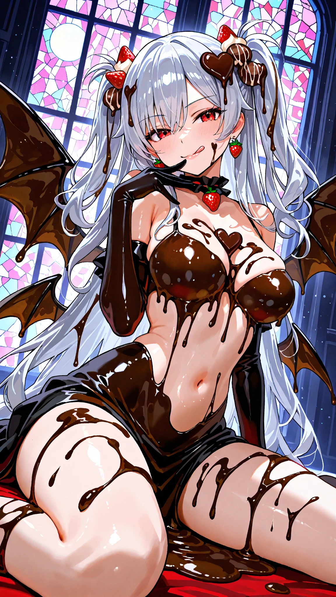 (masterpiece), best quality, (warm color:1.2), (warm lighting:1.2), full body, expressive eyes, beautiful elegant face, drunk expression, ((Succubus:1.6)), horns, white hair, red eyes,1 girl, 27 years old, looking at viewer, in bedroom, (((warm skin tone))), blushing, (sensual expression:1.2), smiling, (sexy pose:1.4), (high quality, 8k, 4K, High Contrast, masterpiece:1.2), (completely naked:1.6), (large round breasts:1.9), (small pink nipples:1.2), (muscular body:2.4), (large muscles:1.4), (fit body:1.8), (muscular shoulders:2.1), (muscular arms:2.0), (defined midriff:1.6), (toned midriff:2.0), (abs:1.3), (narrow waist:1.2), hips,  (excessive cum on her face:2.8), (cum dripping down her chin), (long thick strands of cum), (excessive cum on her body:2.8), (cum dripping down her breasts)