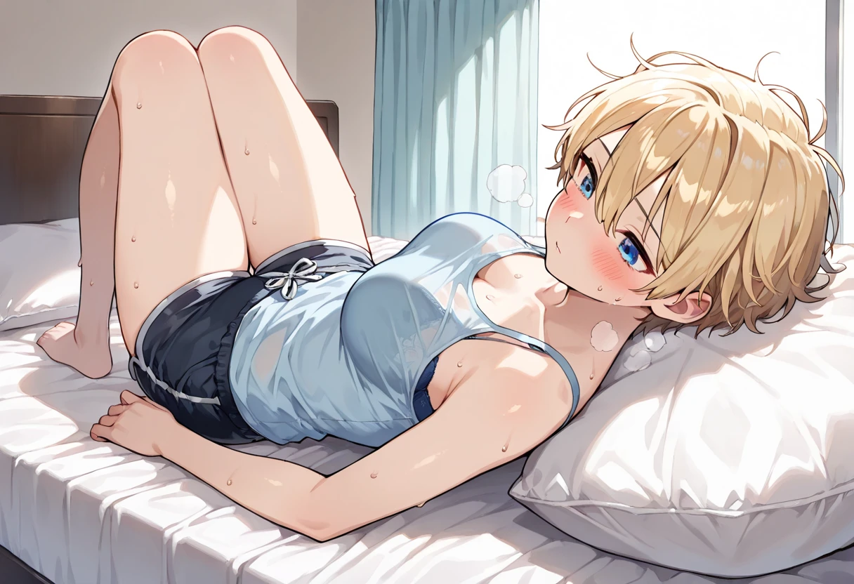 adorable small girl, blond and short hair, big shirt, room environment, blue eyes, small and skinny body, small boobs, lying in bed, dynamic view