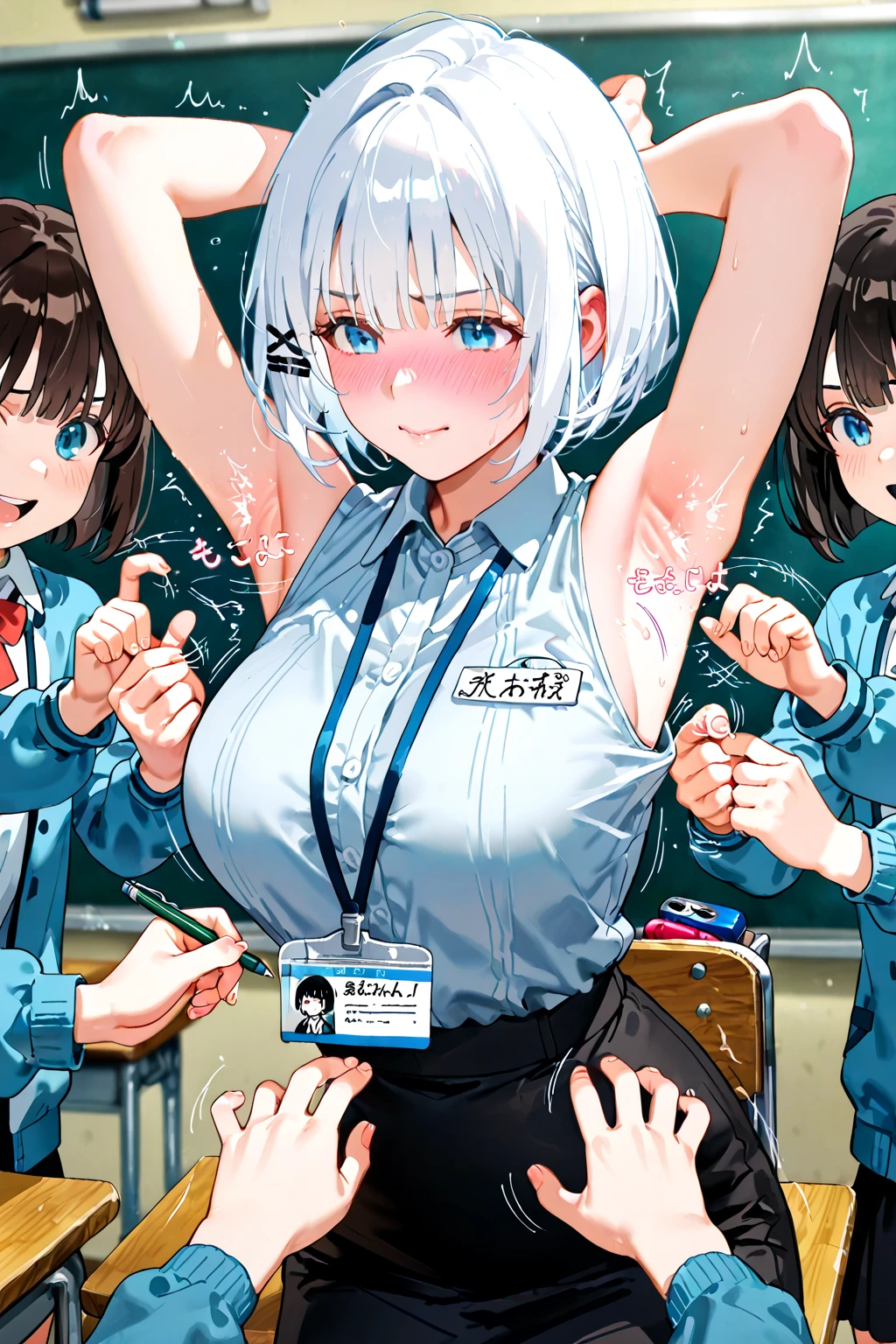 score_9, score_8_up, score_7_up, masterpiece, absurdres, 1girl, kurokawa akane,naked body, ((completely nude)), collar, ((id card, nipple clamp hanging price tag)), show off naked body, pubic hair, mouth open, embarrassed face, embarrassed smile, medium breasts, standing, in the shop, view from front, in front of crowd, cowboy shot, bokeh,kurokawa akane,dark blue hair, blue eyes,medium hair,akane kurokawa