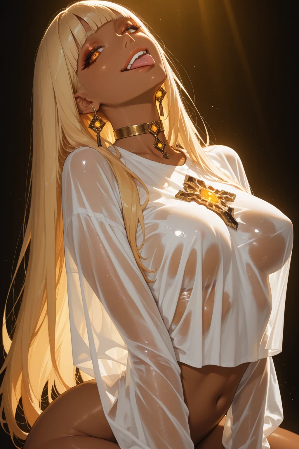 The model is straddling, her legs are wide apart, Show the ceiling, show arches, Camera is facing the model, wide shot, Camera is low angle, looking up at the model, the model is looking down on the camera, her back is arched, thrusting her hips towards camera, (((HD photo))), ultra high res.photorealistic:. 1.4, UHD, masterpiece, trending on artstation, portrait, upper body shot, 1girl, pretty, cute face, most beautiful in the world, cleavage showing, soft, delicate, (very long blonde hair, accentuated super huge enormously gigantic breasts, massive nipples), curvy athletic figure, (completely nude1.8), sexy seductive slutty pose:1.4, location is in a European cathedral, stained glass windows, arches