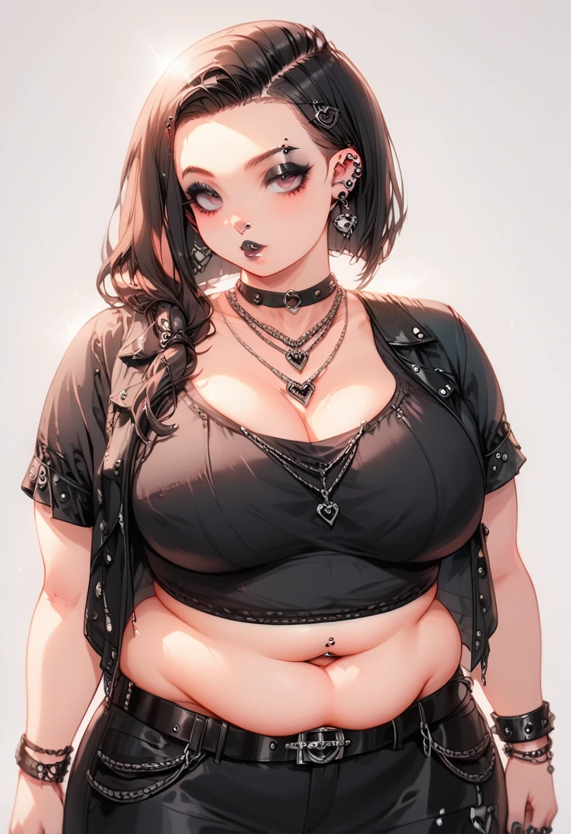 slightly plump tall girl with black hair with huge huge huge huge huge huge breasts huge  barely holding a small black bra, goth makeup