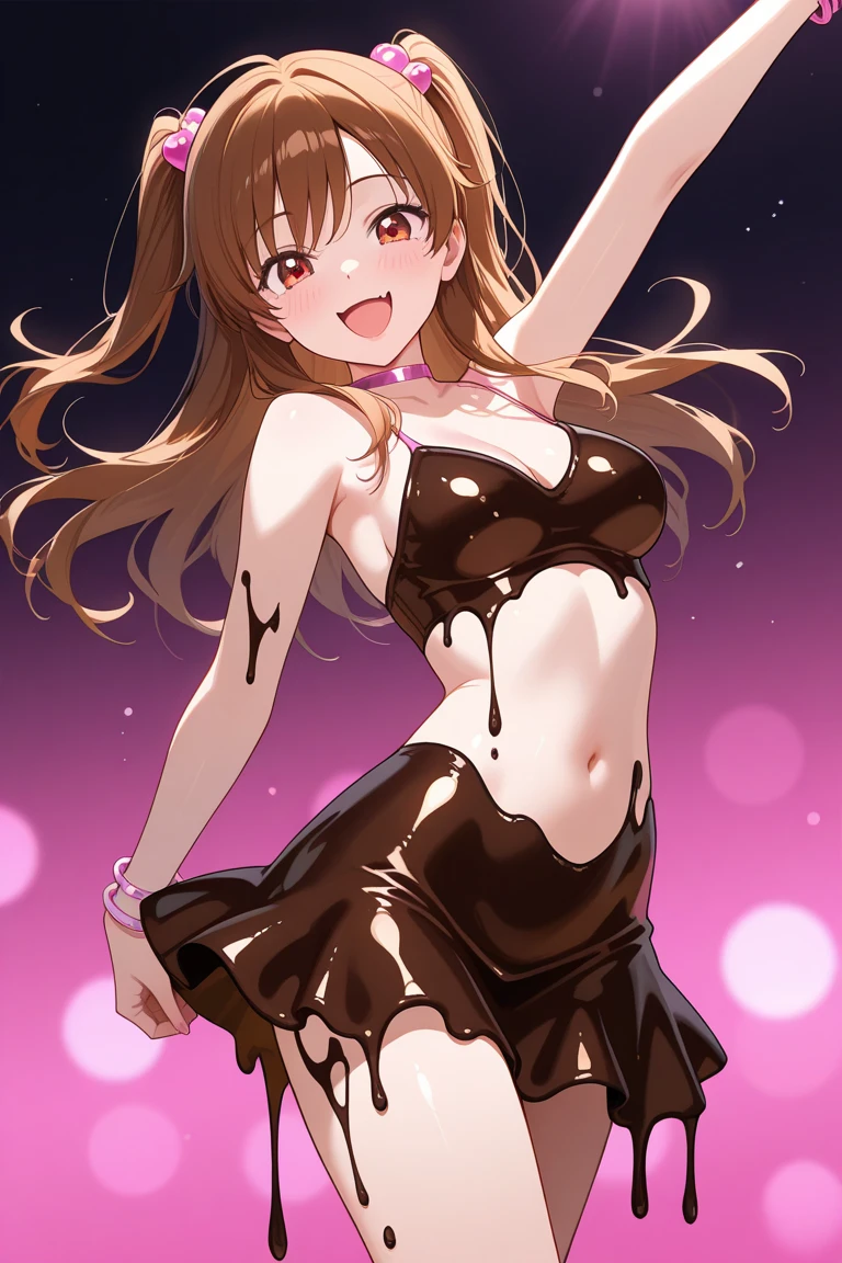 1 female,black hair,((12 years old)),(((blue shiny skirt)))((Sexy black micro bikini))(((blush、open mouth smile)),(((Yuki Mikan))),((())),crowd,(()))(baby girl body shape)(((small breasts)))sexy pose,()((wet with sweat))(((Shiny clothing)))