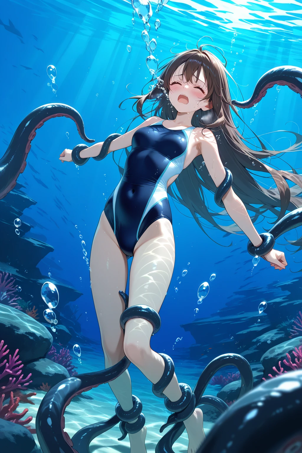 partially underwater,最high quality,high quality, four years old, , Long Hair, Brown Hair, Wet Hair, Flat Chest,Dark Underground Labyrinth,No light,Leather Armor,Equipped with a dagger and a shield,Face above water,Corpses in the water, Underwater Photography,The lobe rolls up due to buoyancy.,Painful face、My feet are being pulled by tentacles、Being dragged into the water、Go Wild