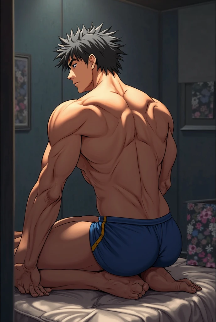 ((8K:1.2),masterpiece, Highest quality, Ultra-high resolution:1.25) beautiful boy anime face, sweet body, 16 old a boy, face and body emphasis, gay anime hentai, tall boy, no underwear, bedroom alone, sexy pose, blushing and smile face, shirtless body, short hair, black eyes, micro denim shorts, high legs, want sex, prostitute boy, full body, crotch emphasis, crotch touching