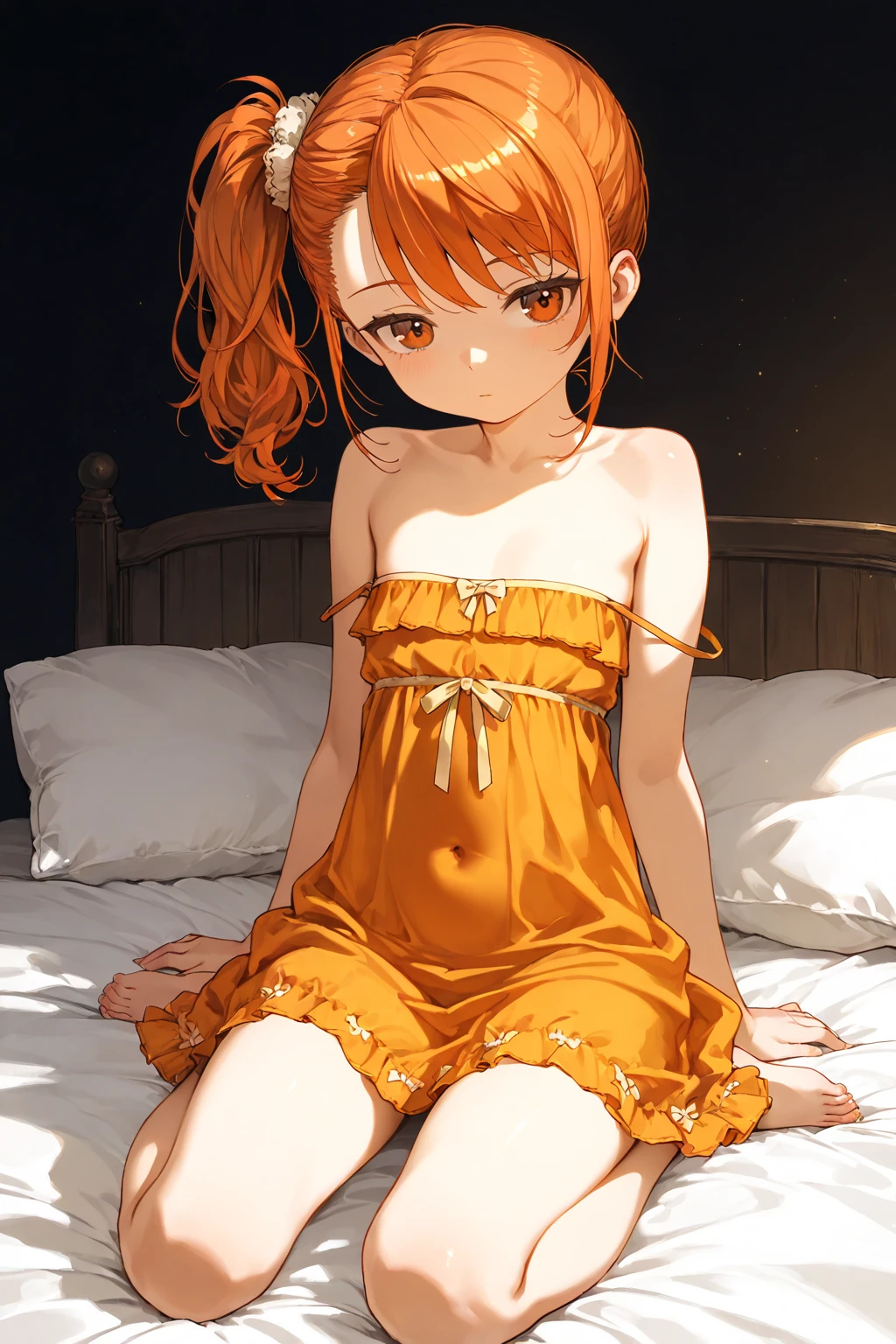 (((droopy eyes))), ((luxurious)) (((((orange hair color)))) ((GREEN LEFT EYE, BROWN RIGHT EYES))((THICK THIGHS))((yellow luxurious sleepwear dress))(( white thigh high socks))((warm lighting and hue))((half up pigtails with ribbon hair))((luxurious))((((submissive eyes, girl)))) small breasts narrow waist and wide hips)) ((dull color)) ((cozy night wear that is luxurious)) ((soft pink pussy))((((submissive look, very submissive and lewd)))) ((PLUMP PINKISH PUSSY)) ((((wearing crop top feminine yellow shirt))))