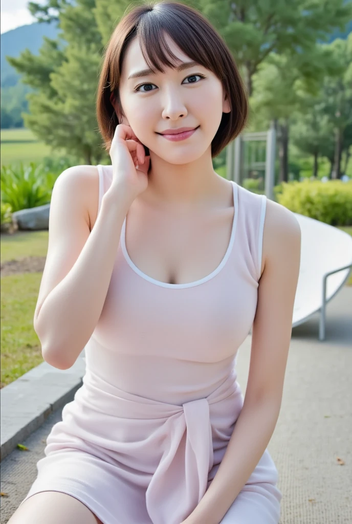 ((Light pink casual shirt(tight))),((Highest quality)), Realistic, Very detailed, In detail, ((High resolution)), 8K,((smile)), skirt lift, from bottom)),Beautiful, well-shaped eyes,(Korean women),((sexy)),Beautiful Skin,Detailed face,(Glamour),short hair,Brunette colored hair,20th Generation,Glamour system,Bust size: 87cm,Neat stenosis,((Mountain、hiking))、necklace、Earrings,((The sun is dazzling))
