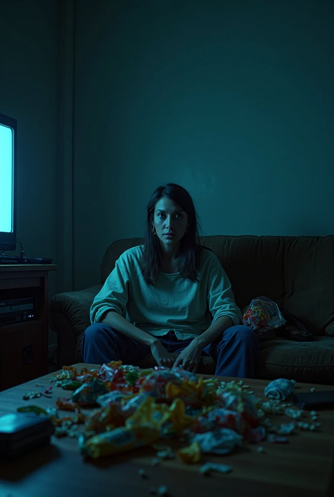 woman, with an expressive face, eating too much fast food, sitting on a sofa in front of a light apparently from the TV in a messy room, poorly lit environment, only light from the TV