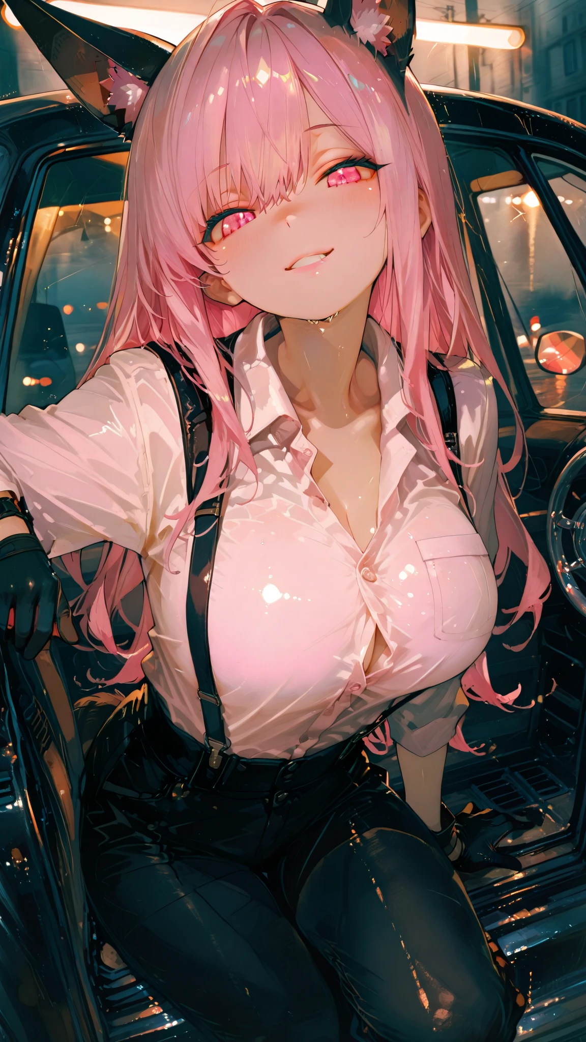 Very sexy anime girl,Has huge breasts, Large breasts, long whitr hair, with pink hair, focus on chest
