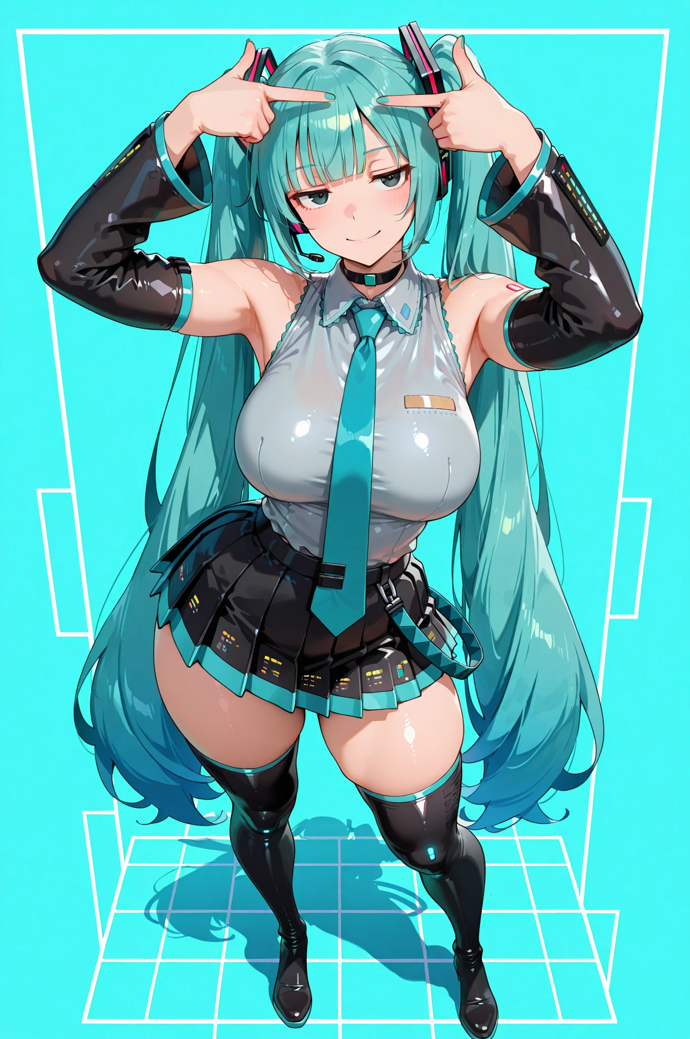 Hatsune miku, blue hair, blue suit, latex pants, agent outfit, dynamic pose, looking forward, aldulta, serious, blue eyes, Inside an office.