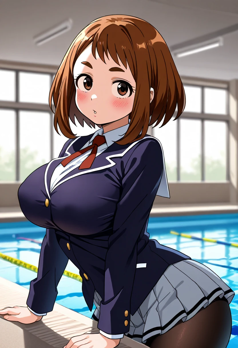 Cowboy shot, white skin、(Masterpiece: 1.4), (Best quality: 1.4), Beautiful girl, ((Nipples: 1.1)), Cute smile: 1.2, Teeth, ((Big breasts)), ((Model body type)), Japanese, 20 years old, cute face, standing figure, (cute smile: 1.2), (((bondage costume))), bondage, harness, O-ring, looking at the viewer、short hair、inside the classroom、Putting a chest on the desk、
