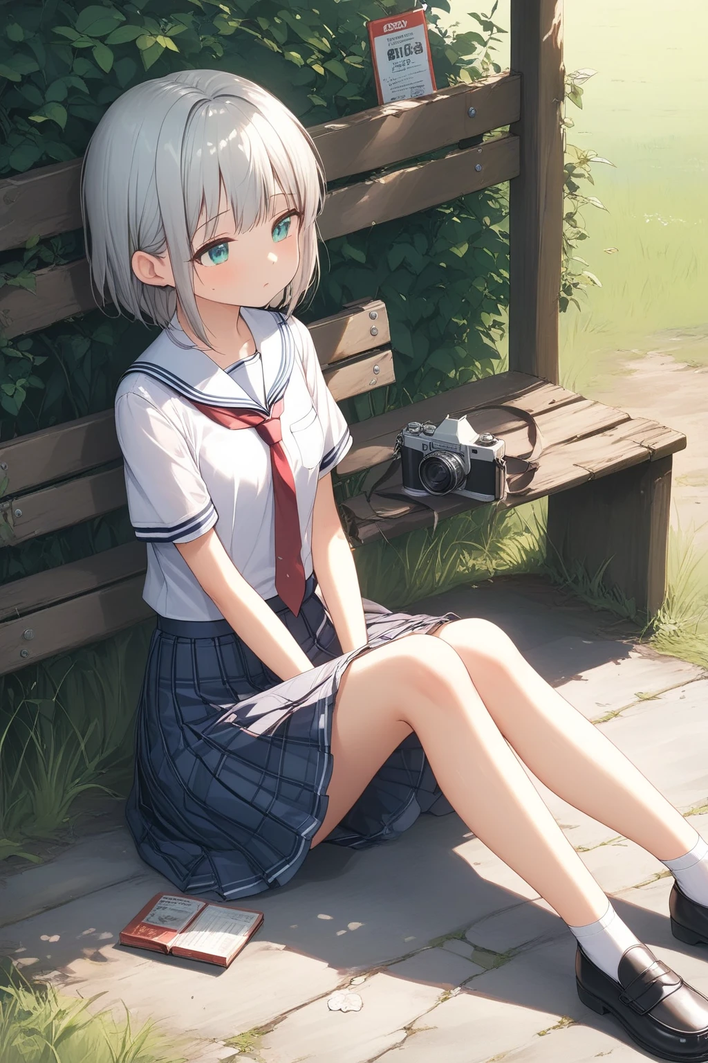 Girl listening to music, in the grass