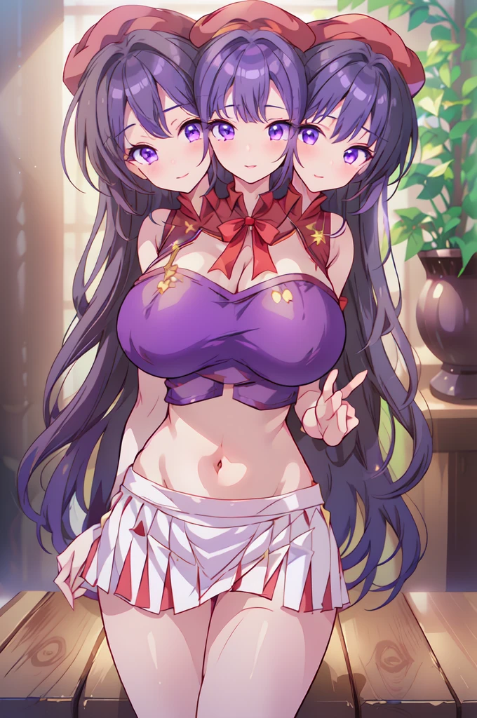 (masterpiece, best quality), best quality, best resolution, (ultra-detailed), ((3heads:1.5)), 1girl, (hisami yomotsu:1.3), masterpiece, best quality, ultra quality, ultra resolution, ultra detail, purple top, crop top, ((stomach)), midriff, ((groin)), purple skirt, normal ears, shackles, jet-black hair, very long hair, wavy hair, sidelocks, purple eyes, very detailed eyes, parted lips, open belly, sweat, cute, toned belly, hand on own chest, eyelashes, (25 year old woman:1.3), (masterpiece:1.5), (best quality:1.5), (beautiful detailed), extremely detailed CG, extremely delicate and beautiful, depth of field, (finely detailed face), (perfect details:1.2), (mature female:1.3), wide pelvis, slender, large veiny breast, 16k resolution, highres very high quality, very high definition, extremely detailed, masterpiece, jet-black hair, long hair, alluring presence, braid, short skirt, close up, very big tits, huge tits, young, girl with three heads, three headed girl, NSFW,