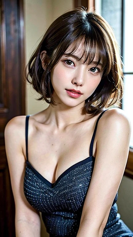 ((Highest quality, 8K, masterpiece :1.3)), (Sharp focus :1.2, Beautiful woman with perfect figure :1.4, Slim Abs :1.2), ((Big Breasts, Emphasize cleavage:1.3)), (Photorealistic:1.4), (realistic:1.4), (Short Bob Hair, Light brown hair:1.5), (cheerful Smile:1.5), Highly detailed face and skin texture, Fine grain, double eyelid. Makeup face, A little bit of lipstick, necklace, Earrings, sex appeal, Sexy gravure pose, ((The supermodel was wearing a sheer blue baby doll.、A provocative smile in a luxurious bedroom、Enjoy the skin-tight silk baby doll、サファイアのnecklaceをつけてエロティックなポーズを決めています。:1.3)