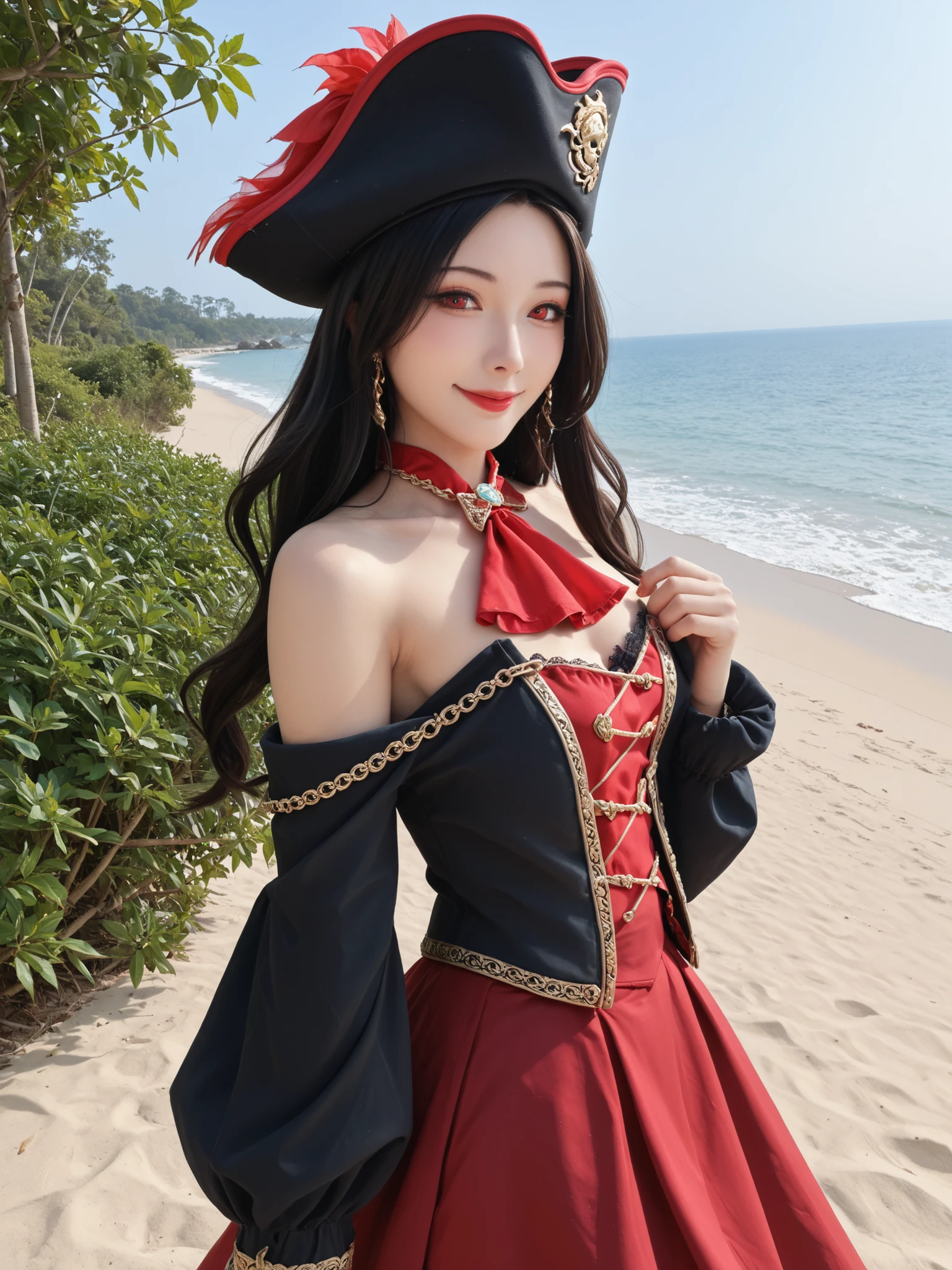 Rating_Safety, Intricate Details, Royal Fortune, black hair, Tentacle Hair, long hair, Red Eyes, Black Pirate Hat, side boob, red ascot, red skirt, Bare Shoulders, big boobs, black jacket, black pantyhose, Thorn Pantyhose, cowboy shot, watching viewers, smile, Outdoors, beach
