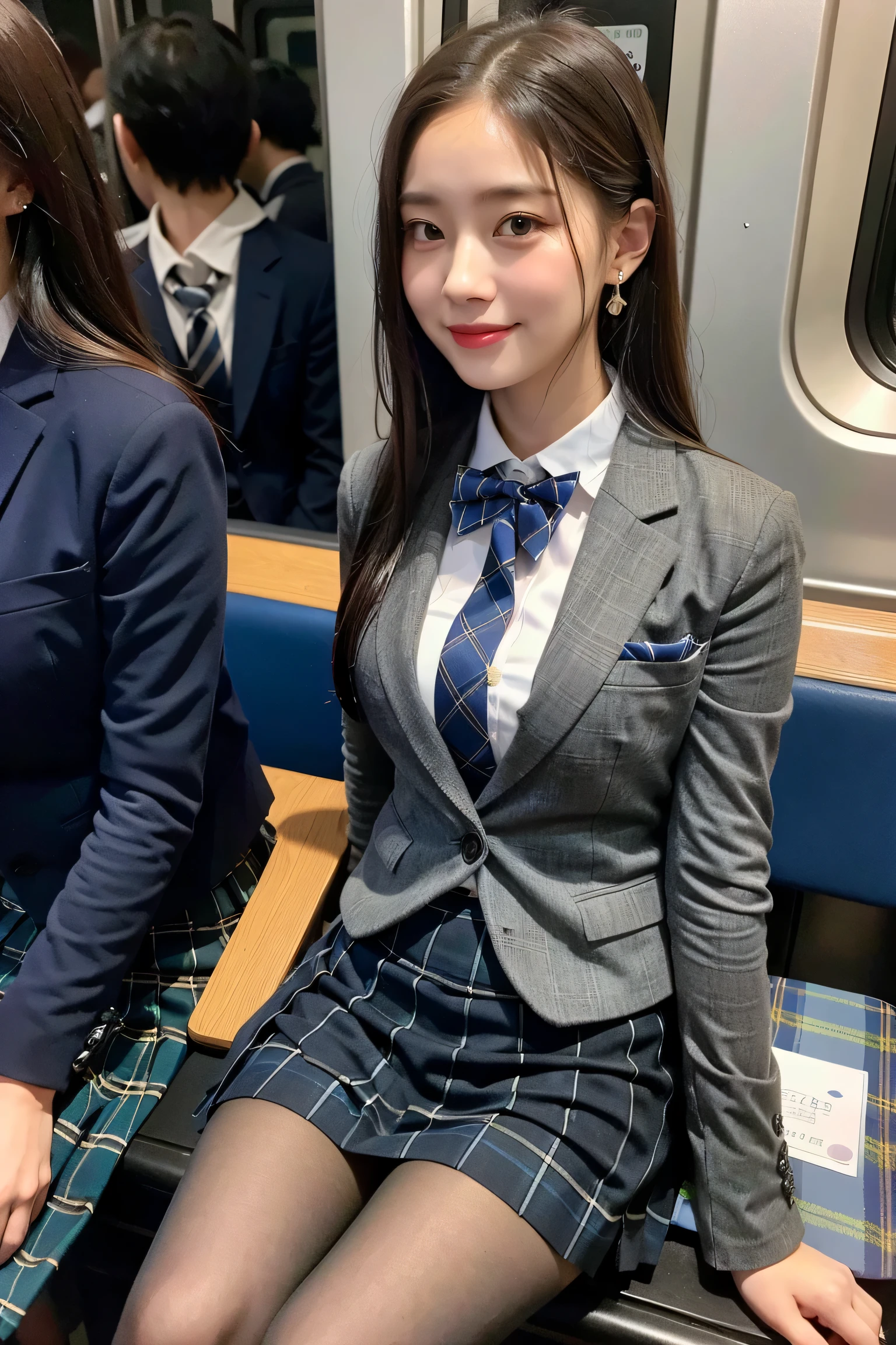 (8K), (highest quality: 1.2), (realistic), (realistic: 1.37), ultra high resolution, 1 girl, cute, smile, closed mouth, beautiful details, beautiful nose, wet hair, giant dulcefo, pork, thighs，Self snap,University Student Uniform,Sitting on a Tokyo train,simple blazer,pleated skirt,(The pattern of the skirt and tie is a tartan check pattern..:1.3),cross your legs, From above,thighs,ponytail,opaque knee high tights