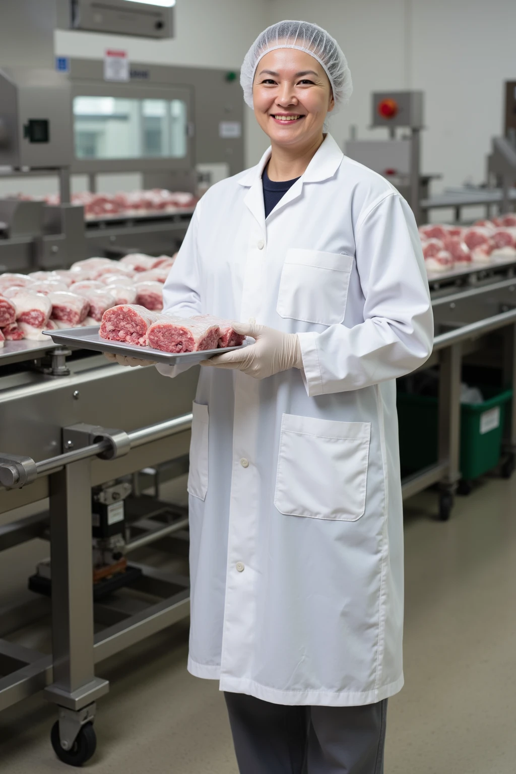 35 years old woman, glad, working with chicken eggs in a chicken egg factory, white uniform, factory uniform, face perfect, ultra HD, 8K