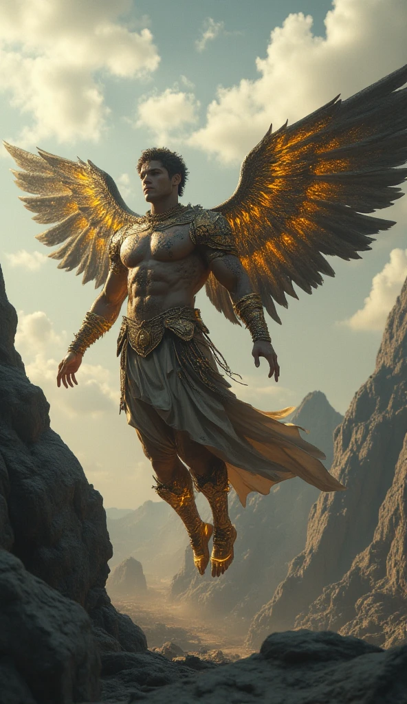 Archangel Chamuel、The Archangels、masterpiece,Best Quality,Ultra-detail,hight resolution,hight resolution,4K,Portrait in 4K,8k,8k Portrait,Unity 8k Wallpaper,extremely details CG,Realistic,Raw photo,real person,a portrait photo of,Photorealistic,Shiny skin,Detailed skin, increase image to 2048*1536 resolution. Create hyper-realistic highly detailed lifelike image, of Archangel Chamuel looks in his mid 30s, with a Japanese appearance and long, flowing, wavy black hair. He wears gold-plated armor on his shoulders and chest signifying his status as one of God's Holy angels. Archangel Chamuel has chiseled and firm abs, and his beauty is otherworldly as he is a Celestial being. Standing at a towering 11'8" with a muscular build and large biceps, he exudes strength and fierceness. Enchanting with the glory of God illuminating from his body, Archangel Chamuel flying from the garden of Eden back up to Heaven. Archangel Chamuel walks throughout the Garden of Eden. Japanese features.