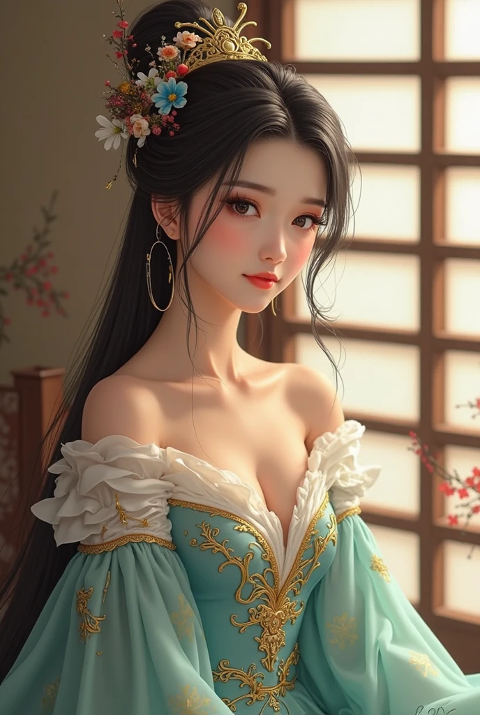 masterpiece,best quality,(8k, RAW photo:1.2),(( ultra realistic)),(full body portrait),upper body,aristocratic style,Royal style,(1girl),(solo),, gorgeous_light_and_shadow, stunning environment, (vibrant colors:1.2),soft focus, (sharp focus:1.1),(delicate illustration:1.4),, black hair, intricate hair ornament,stud earrings,ponytail plait, bracelets,(choker:1,3),jewelry,hair decoration,, 1 young girl, (18yo:1.3), (sharp focus:1.4), (Japanese:1.0),(chinese:0.5),(renaissance face),photo of a woman,, messy hair,long hair, black hair, exquisite hair, exquisite colored hair,, ultra realistic,hick lips, beautiful lips,, exquisite facial features,perfect skin, 4ndreab0tez-1850