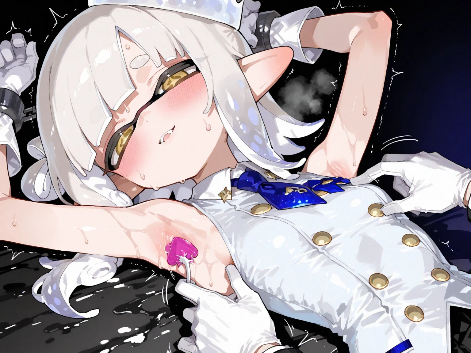 (((masterpiece))),(((best quality))),(ultra-detailed,high resolution:1.2),(illustration),((an extremely delicate and beautiful)),(detailed background), ahegao,double peace, (((lying on back))), vaginal penis, hand job, ((((wrestling ring)))), ((1petit girl)and(3boys)), multiple boys, hetero, ((((1petit girl,short stature)))),((((miyako(swimsuit)/(blue archive/)))),official style, (slender body:1.4), (long hair,ponytail),white hair,bangs, purple eyes, (small breasts), covered navel, collarbone, pale skin,shiny skin, ((She wears one piece swimsuit,frilly swimsuit, hair ribbon)), ((((panicking)))), (wavy mouth), open mouth, (cum on clothes,cum on body,excessive cum:1.4),cum facial,bukkake,cum on hair, clothing aside, clothed, (3boys,tall stature:1.4), large penis, text,
