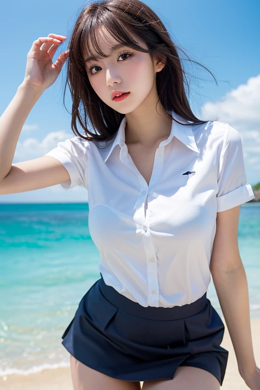 ultra highres,(reality: 1.4),highest quality, masterpiece, high detail, 16K quality, beautiful, 1 beautiful girl,japanese,super beautiful face,baby face,japanese idol face,cute face,super detailed face,detailed hand,beautiful skin,sweaty skin,big eyes,big smile,profeccional lighting,pony tail,brown hair,brown beautiful eyes,sitting with knee up,spread legs,(skirt lift),(white panty),medium breasts,see through white shirt,open button,(black check skirt),high socks,she is looking at the camera,beach,blue sky,blue ocean, nsfw,from front,