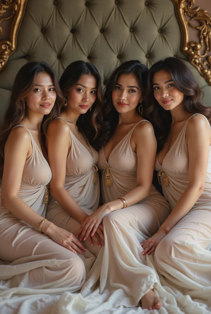 Plunge Cowl Neck Dress , open chest, deep cleavage, long hair, pearl necklace, 3 women, pub, off shoulder, kneeling