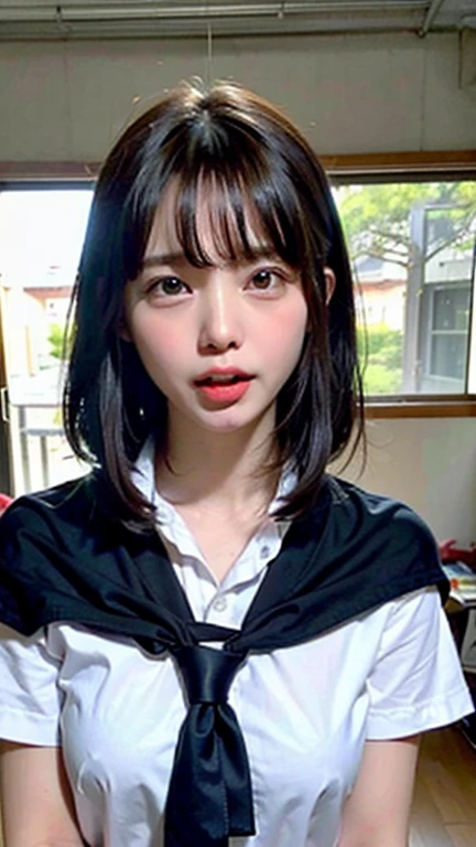 Asian girl, 20 years old, white sweater and brown tie, 8K selfie, short hair, cute