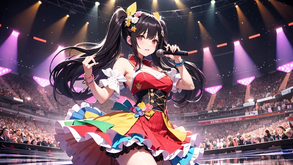 one woman,Idol,Live venue,Tokyo Dome,gondola,Ainu style costume,have a microphone,long black hair,thin thighs,plump breasts,delicate,slender,Absolute area,AKB48,Nogizaka46,sense of clarity,Lots of fans,Penlight,A big smile,Group of 2,pair,combination