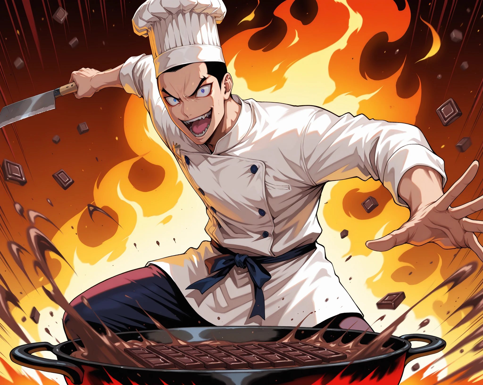 1man,  dynamic cooking action, anime style, dynamic pose, holding large Chinese cleaver in one hand, chopping through mid-air chocolate bars, chunks of chocolate flying in every direction, molten chocolate splashing, intense cooking battle pose; Jan Akiyama from Iron Wok Jan, black hair, deep-set eyes, shadow around eyes, sharp gaze, chiseled face, eyebrows slanted downward, big eyes, wide open mouth, large sharp eyes, large slanted eyes, pinpoint pupils, Chinese chef hat,  sheet that fits perfectly to the body, chef's pants, buzz cut, intense gaze,  genuine smile, (motion_blur, motion_lines), masterpiece, best quality, highly detailed, extremely detailed, absurdres, swirling chocolate in large wok, flames rising, chocolate splashing, steam bursting up, dramatic lighting, atmospheric lighting, 4k, 8k, super resolution, intricate details, perfect 	
